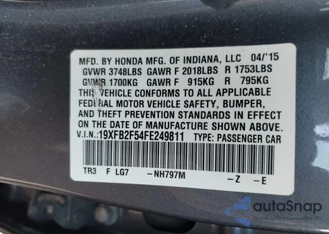 2015 Honda Civic Lx из США, поврежденный, VIN 19XFB2F54FE249811